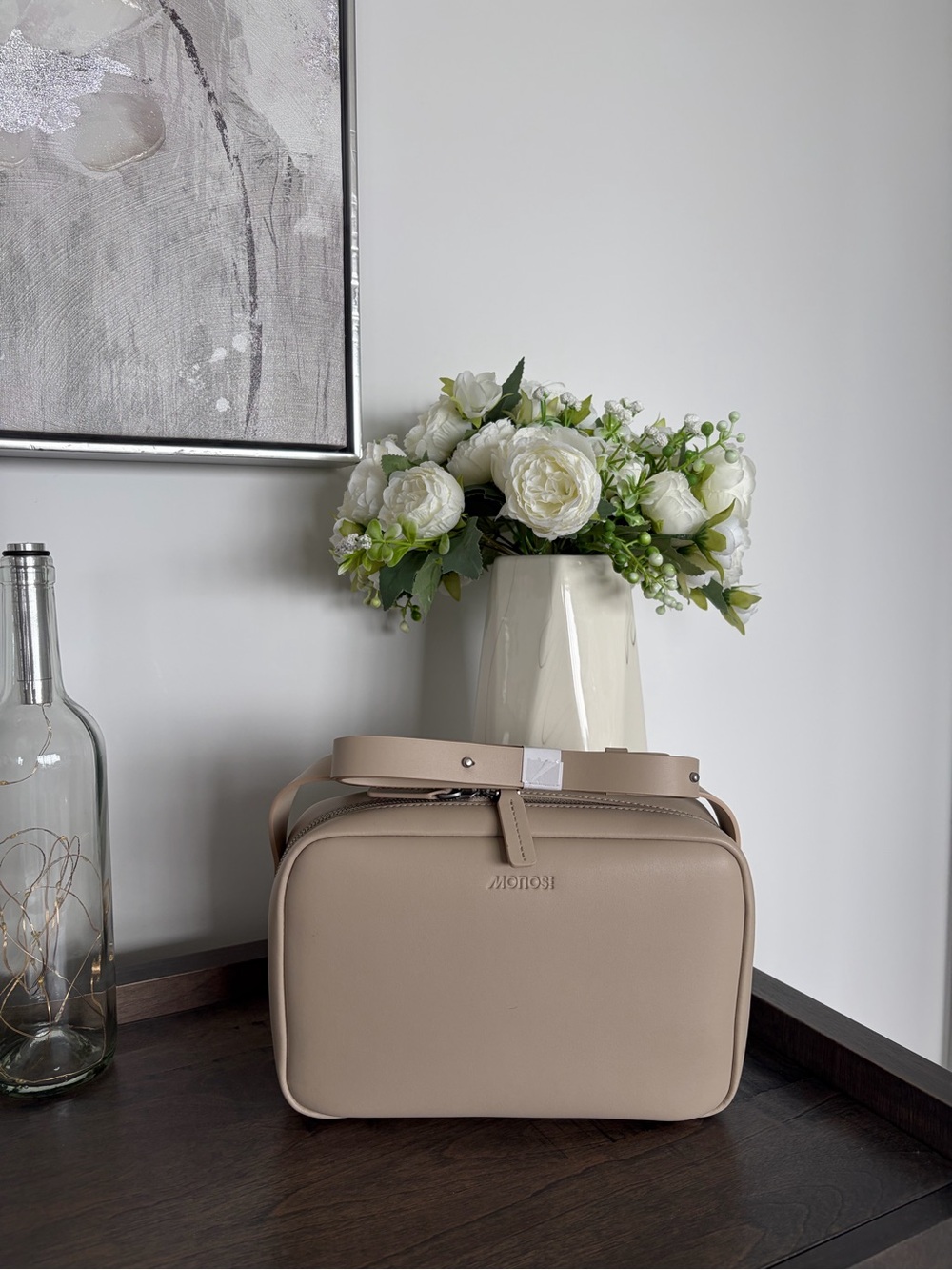 Neutral Beige Leather Crossbody Bag